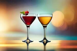 två glasögon av vin med en jordgubb på de fälg. ai-genererad foto