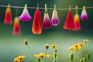 färgrik blommor hängande från en klädstreck. ai-genererad foto