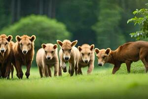 en grupp av brun björnar gående i de gräs. ai-genererad foto