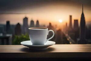 kaffe kopp på de tabell med stadsbild i de bakgrund. ai-genererad foto
