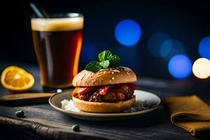 en burger med en sida av öl på en trä- tabell. ai-genererad foto