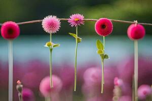 rosa blommor hängande från en tråd i främre av en fält. ai-genererad foto