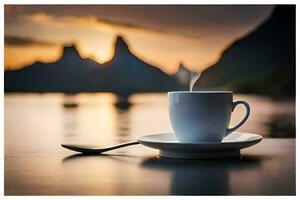 kaffe och en sked på en tabell i främre av en sjö. ai-genererad foto