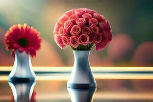 två vaser med rosa blommor på en tabell. ai-genererad foto