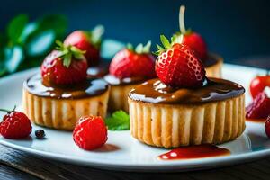 tre mini muffins med choklad sås och jordgubbar. ai-genererad foto