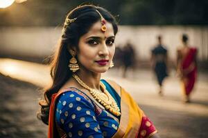 en skön kvinna i traditionell sari med guld Smycken. ai-genererad foto