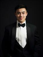 leende ung man av asiatisk härkomst klädd i kostym på grå bakgrund ai generativ foto