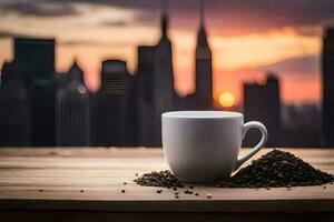kaffe kopp och kaffe bönor på en tabell i främre av en stad horisont. ai-genererad foto