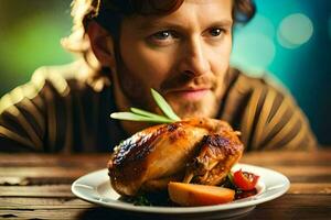 en man är ser på en tallrik av mat med en kyckling på Det. ai-genererad foto
