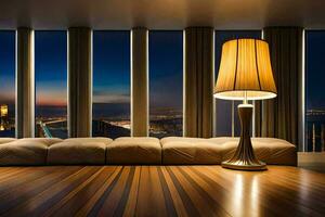 en levande rum med en lampa och en soffa. ai-genererad foto
