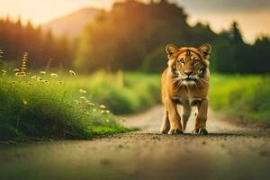 en lejon gående ner en väg i de mitten av en fält. ai-genererad foto