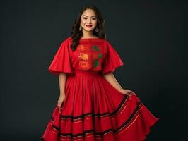 leende ung kvinna av mexikansk härkomst klädd i elegant klänning på grå bakgrund ai generativ foto