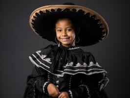 leende ung kvinna av mexikansk härkomst klädd i elegant klänning på grå bakgrund ai generativ foto