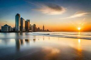 de Sol uppsättningar över de stad horisont i dubai. ai-genererad foto