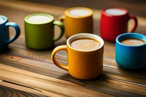 en grupp av färgrik kaffe koppar på en trä- tabell. ai-genererad foto