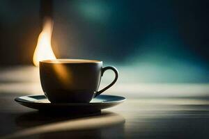 en kopp av kaffe på en tabell med en flamma. ai-genererad foto