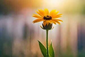 en enda gul blomma i de Sol. ai-genererad foto