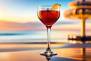 en glas av röd vin på de strand. ai-genererad foto
