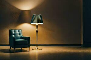 en stol och lampa i en rum. ai-genererad foto