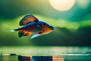 en fisk är flygande över vatten med en grön bakgrund. ai-genererad foto