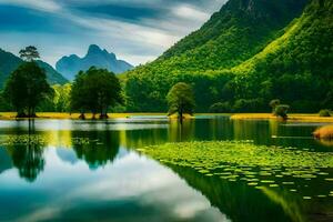 en skön landskap med träd och vatten liljor. ai-genererad foto
