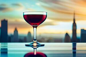 en glas av röd vin på en tabell i främre av en stad horisont. ai-genererad foto