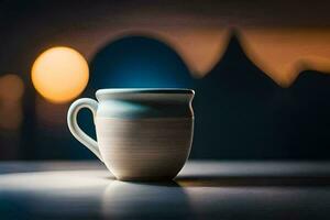 en kaffe kopp på en tabell i främre av en suddigt bakgrund. ai-genererad foto