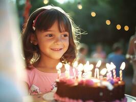 barn blåser ut de ljus på deras födelsedag kaka ai generativ foto