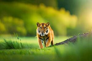 en tiger gående genom en gräs- fält. ai-genererad foto