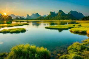 de Sol stiger över en flod och bergen i Kina. ai-genererad foto