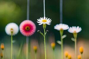 en grupp av blommor är hängande från strängar. ai-genererad foto