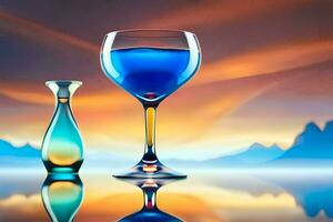 en glas av vin och en flaska av blå flytande. ai-genererad foto