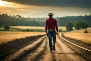 en man i en cowboy hatt promenader ner en smuts väg. ai-genererad foto