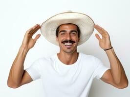 mexikansk man i lekfull utgör på vit bakgrund ai generativ foto