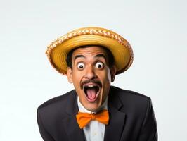 mexikansk man i lekfull utgör på vit bakgrund ai generativ foto