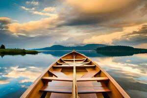 en kanot är flytande på en lugna sjö med moln i de himmel. ai-genererad foto