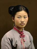 gammal färgad Foto av en asiatisk kvinna från de tidigt 1900 -talet ai generativ