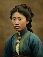 gammal färgad Foto av en asiatisk kvinna från de tidigt 1900 -talet ai generativ