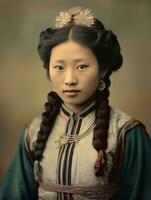 gammal färgad Foto av en asiatisk kvinna från de tidigt 1900 -talet ai generativ