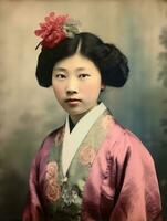 gammal färgad Foto av en asiatisk kvinna från de tidigt 1900 -talet ai generativ