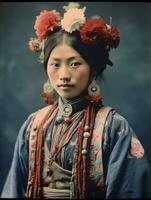 gammal färgad Foto av en asiatisk kvinna från de tidigt 1900 -talet ai generativ