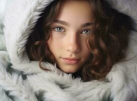 ung kvinna skidåkning i vinter- jacka med foto