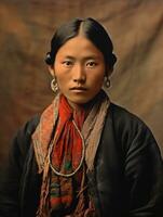 gammal färgad Foto av en asiatisk kvinna från de tidigt 1900 -talet ai generativ