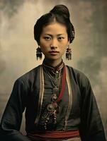 gammal färgad Foto av en asiatisk kvinna från de tidigt 1900 -talet ai generativ