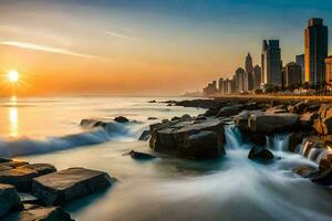 de stad horisont på solnedgång i dubai. ai-genererad foto