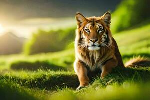 en tiger Sammanträde i de gräs. ai-genererad foto