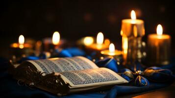 hanukkah ljus med hebré bön bok foto