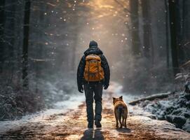 person gående henne hund i en trän i snö foto