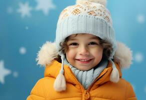 en liten pojke bär ett orange hatt i främre av blå bakgrund framställning snöflingor foto