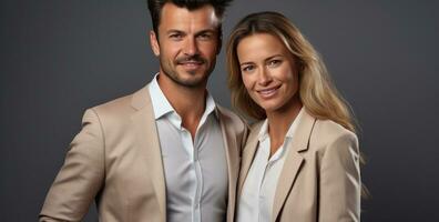 ett attraktiv företag par i företag kostymer stående leende och Framställ för de kamera foto